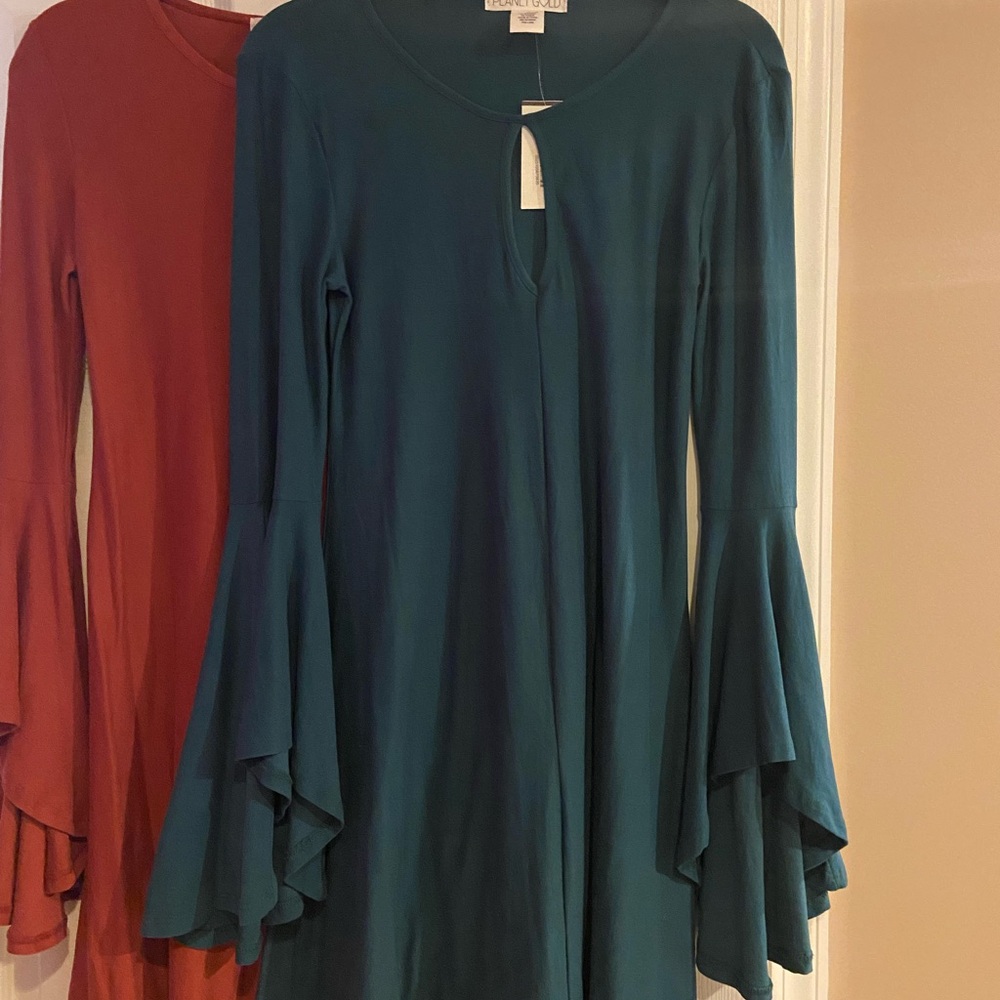 Planet Gold Teal and Rust Long Sleeve Dresses